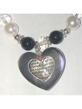 Silver Heart Pendant Bracelet with Black and White Beads
